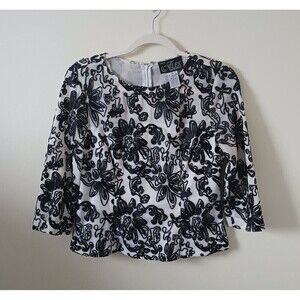 Alex Evenings Womens Petite Floral Blouse Black White‎ Long Sleeve Size PM